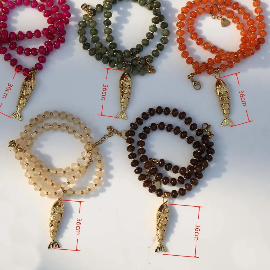 Authentic 2026 Bohemian style Gold koi fish pendant (swayable) stainless steel bead separator natural stone abacus bead necklace