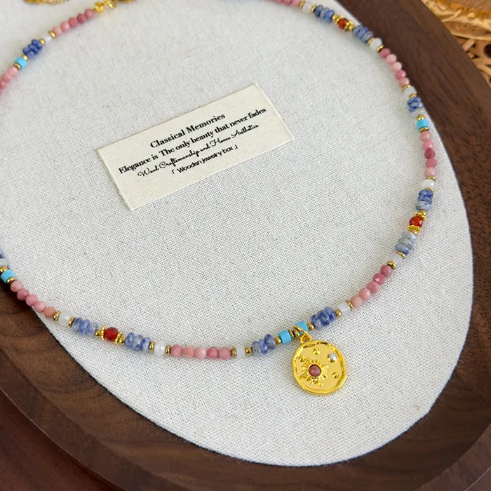 Authentic Minar Bohemian Colorful Natural Stone Copper Beads Strand Beaded Sun Pendant Necklaces for Women Gold Plated Alloy Chain Chokers
