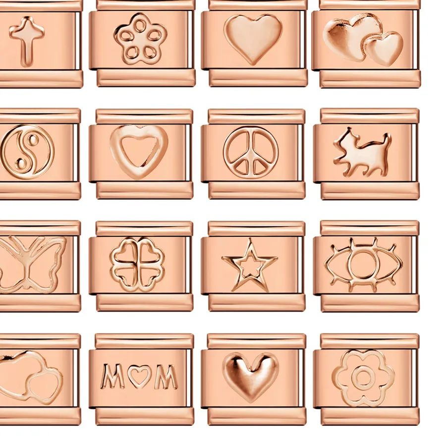 Authentic GEMOSA Simple Trendy Rose Gold Color Cross Pentagram Cat Glyph Stainless Steel Charm Italian 9mm Jewelry Bracelet Making DIY