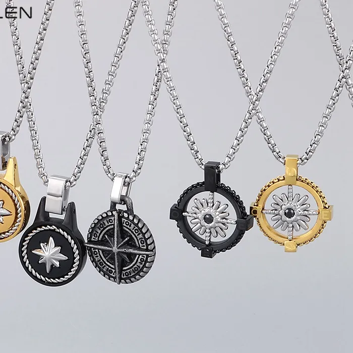 Authentic Personalized Stainless Steel Pentagram Pendant Necklace for Men Women Hip Hop Gold Color Trend Jewelry Round Charms Gift