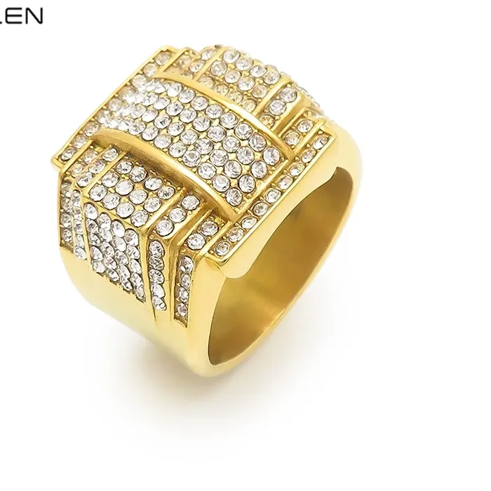 Authentic Hip Hop Gold Color Full Zircon Finger Rings For Men Larger Pentagram Ring Stainless Steel Women Charm Party Jewelry Accessory