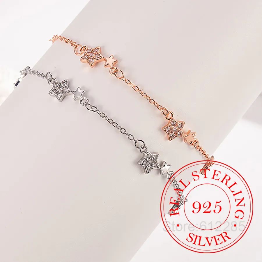 Authentic 925 Sterling Silver Jewelry 18K Gold Plated Crystal Pentagram Charm Bracelet for Women Wedding Party Jewelry Girls Friend Gift