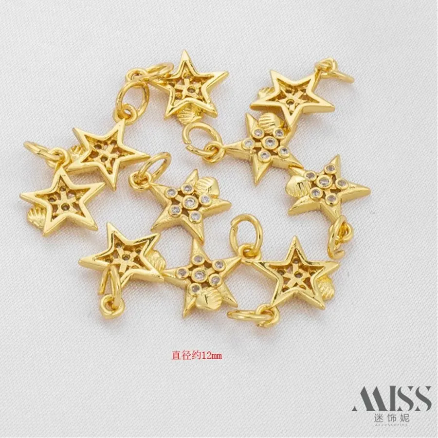 Authentic 14K Gold-coated Zircon Shell Pentagram DIY Accessories Charm Pendant Handmade Decorative Chain Jewelry Material