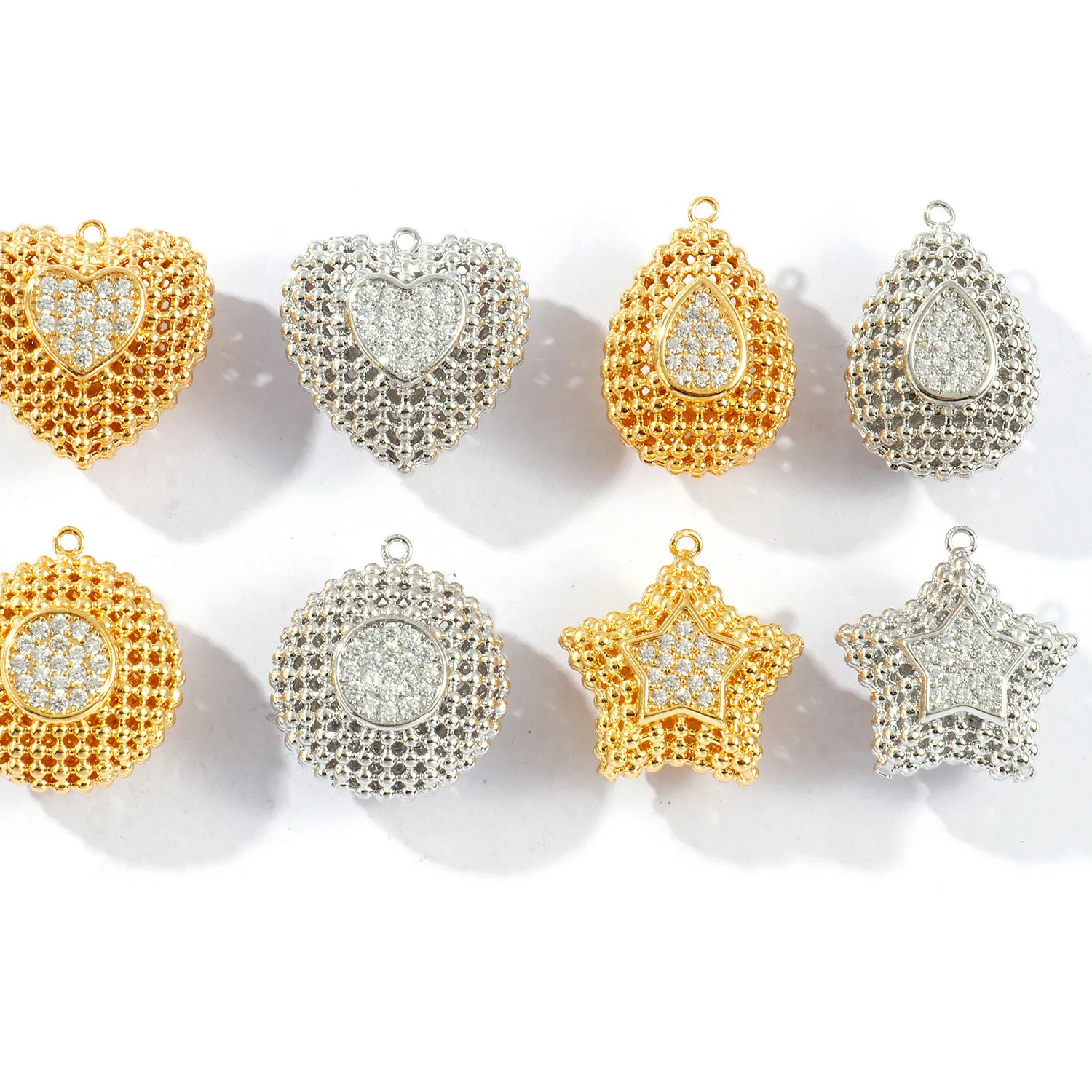 Authentic 1 Piece Brass Charms Gold Plated 3D Clear Cubic Zirconia Heart Water Droplet Pentagram Round Pendants For DIY Necklace Making