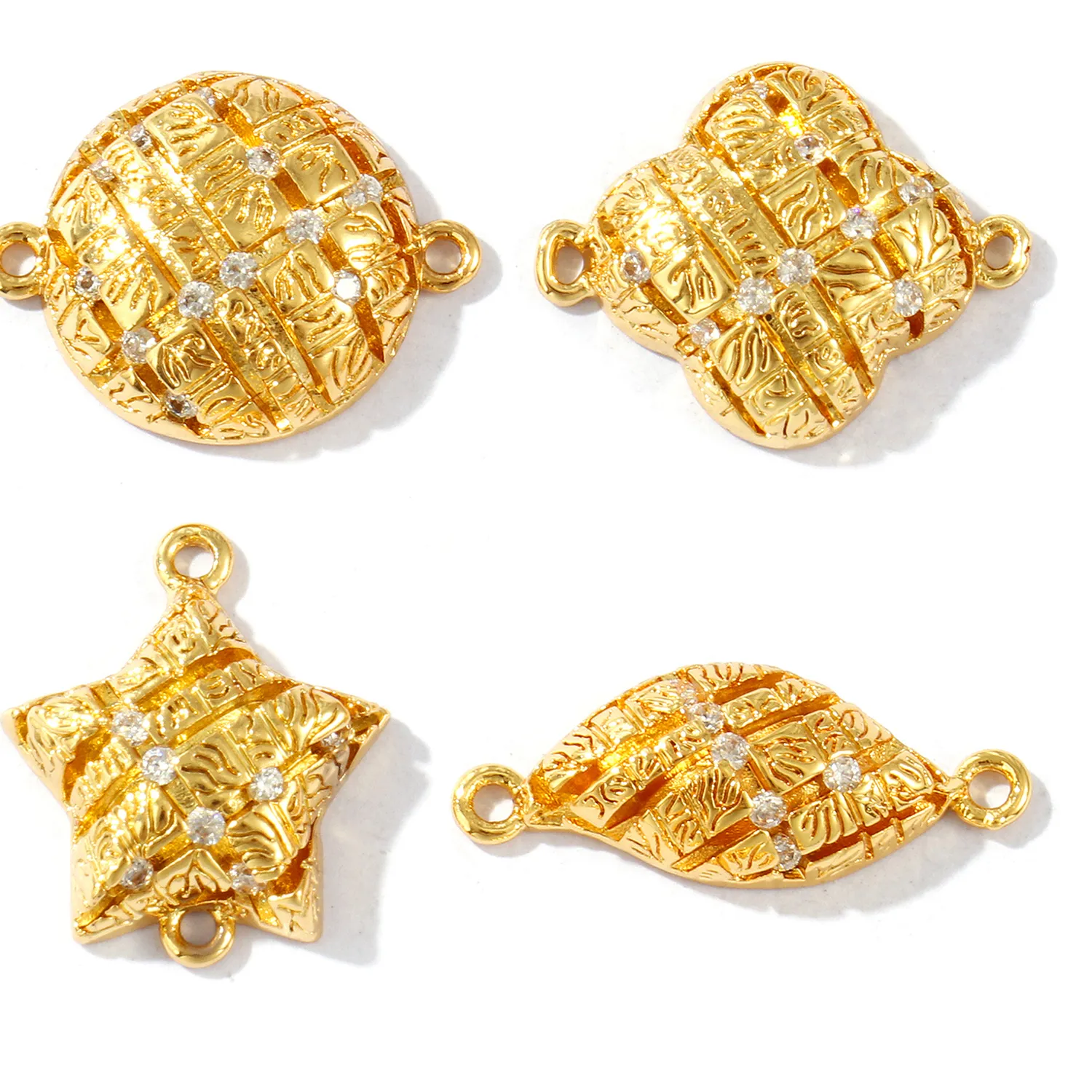Authentic 2 PCs 18K Gold Plated Transparent Cubic Zirconia Brass Connector With Texture Leaf Pentagram Flower Charms Necklace DIY Findings
