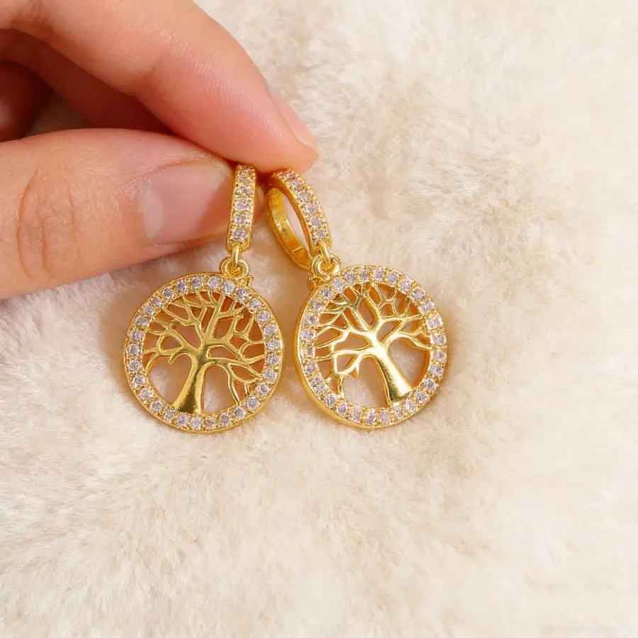 Authentic Life of Tree Round Pendant Hoop Earrings For Women  Female White Zircon Ear Buckle Gold Color Wedding Party Valentine Jewelry