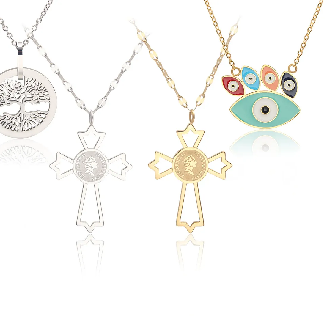 Authentic SUNSLL Stainless Steel Necklaces Gold Silver Color Unisex Tree of life/Cross/Evil Eye Pendant Chain Choker Popular Party Jewelry
