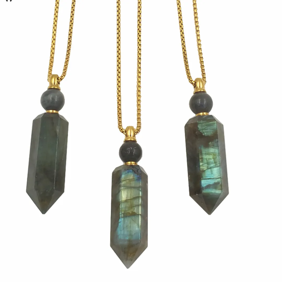 Authentic WT-N1256 WKT Wholesale Green Stone Women Nekclace Jewelry Fashion Labradorite Perfume Bottle 24 inch Gold/Silver Color Chain
