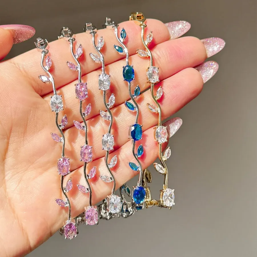 Authentic Colorful Charm Zircon Crystal Leaf Vine Flower Rhinestone Bracelet Luxury Women Girl Party Wedding Gold-Plated Jewelry Gift