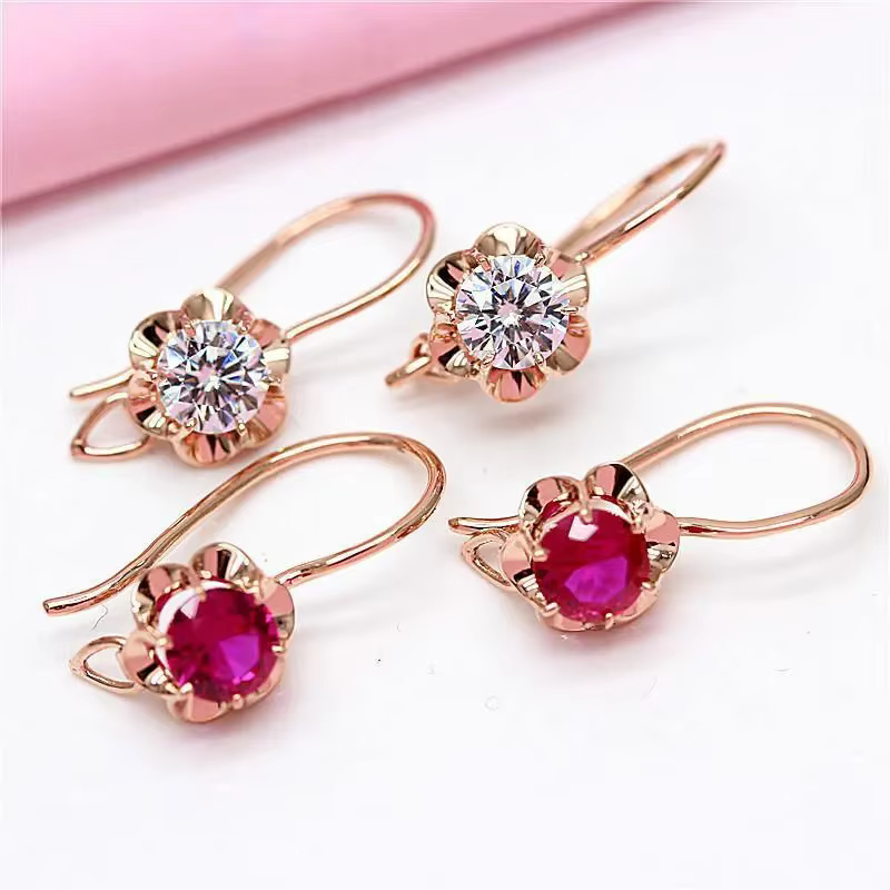 Authentic Classics Charms Plated Rose Gold Inlaid Gemstone Small Sweet Earings Red Crystal Flower Earrings for Women Banquet Jewelry