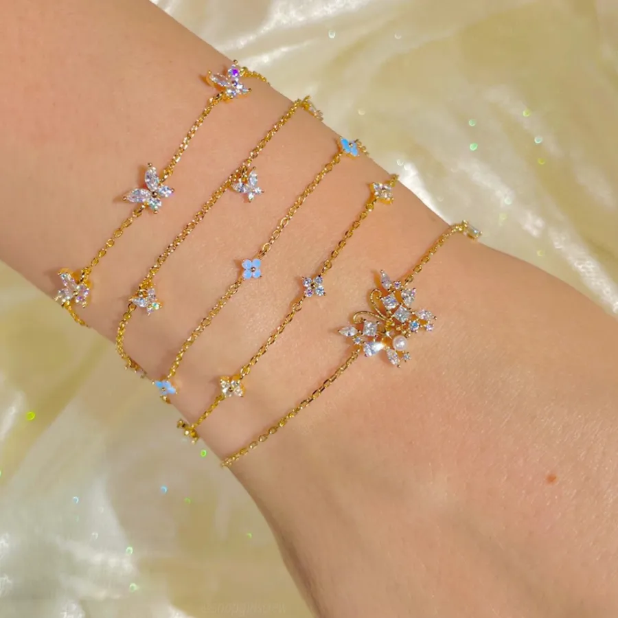 Authentic 1PC Plated 18k Gold Shiny Zircon Blue Flower Bracelet for Women Girl Korean Temperament Exquisite Jewelry Gifts