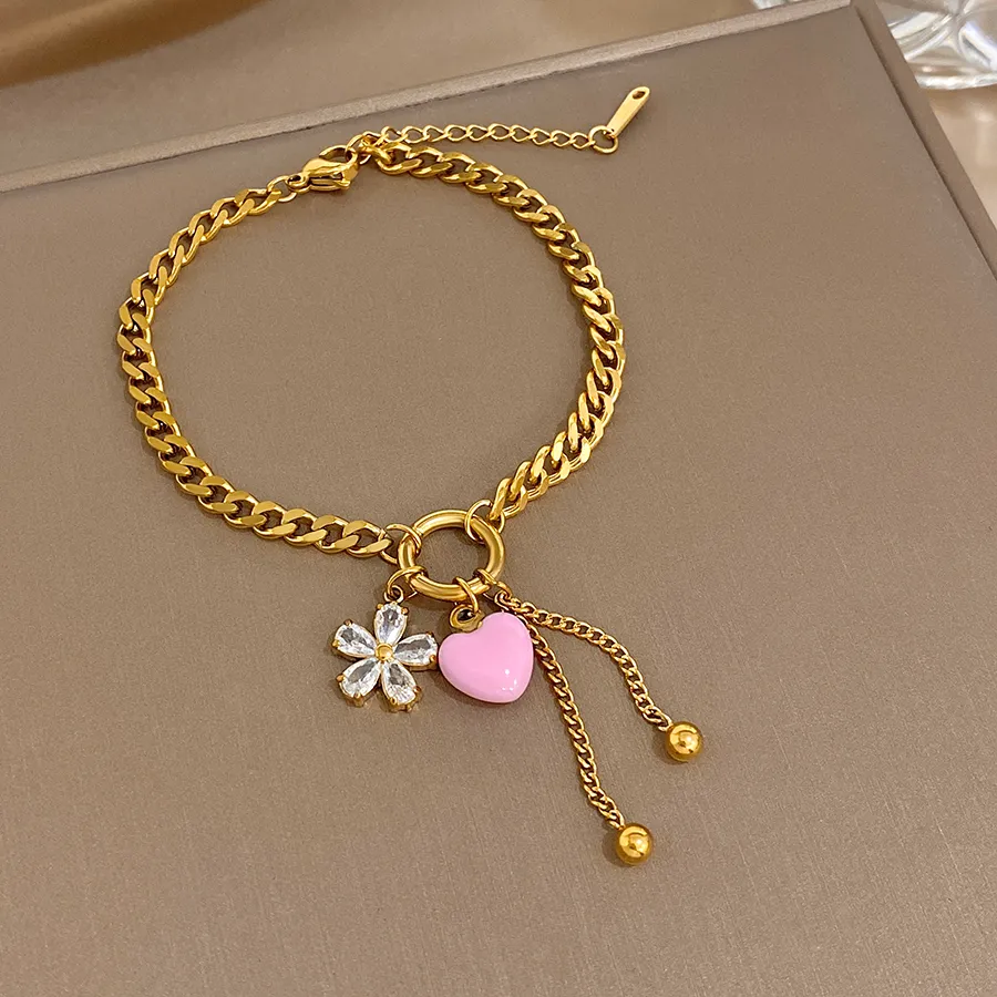 Authentic Elegant Pink Heart Zircon Flower Charms Bracelet Chic Gold Plated Stainless Steel Thick Chain Bracelets Valentine's Day Jewelry