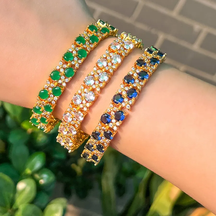 Authentic BeaQueen Luxury RoundRoyal Gold Plated Blue Cubic Zircon Flower and Leaves Chain Bracelet for Women Office Daily Jewelry B238