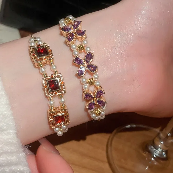 Authentic Minar New Luxury Full CZ Cubic Zirconia Imitation Pearl Square Flower Charm Bracelets for Women Real Gold Plated Copper Chain