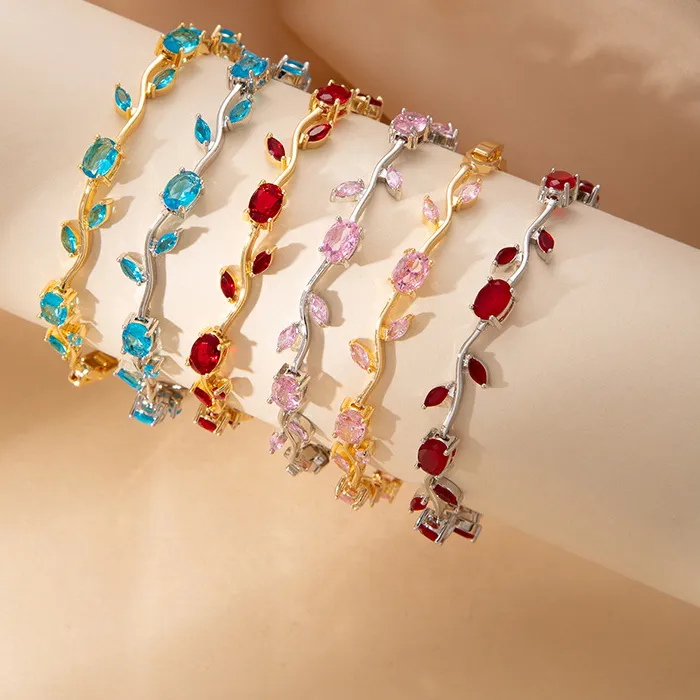 Authentic Leaf Deigns Colorful Flower Zircon Chain Bracelet 18k Gold Plated Material Charm Trendy Bracelet for Women