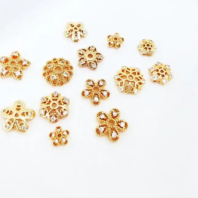 Authentic 6PCS 14K Gold Plated Brass with Ziron Flower Beads Caps High Quality Diy Jewelry Accessories