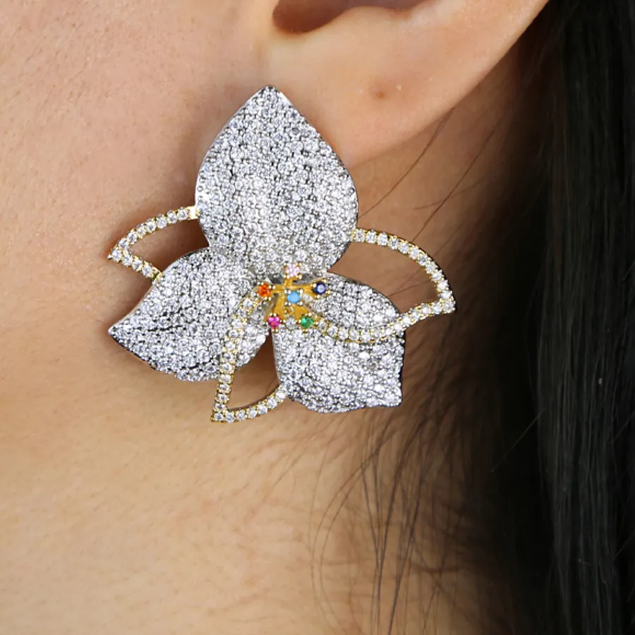 Authentic Gold Plated Colorful Zircom Big Flower Leaf Charm Stud Earrings Iced Out Pave Cubic Zirconia Hip Hop Women Daily Gift Jewelry