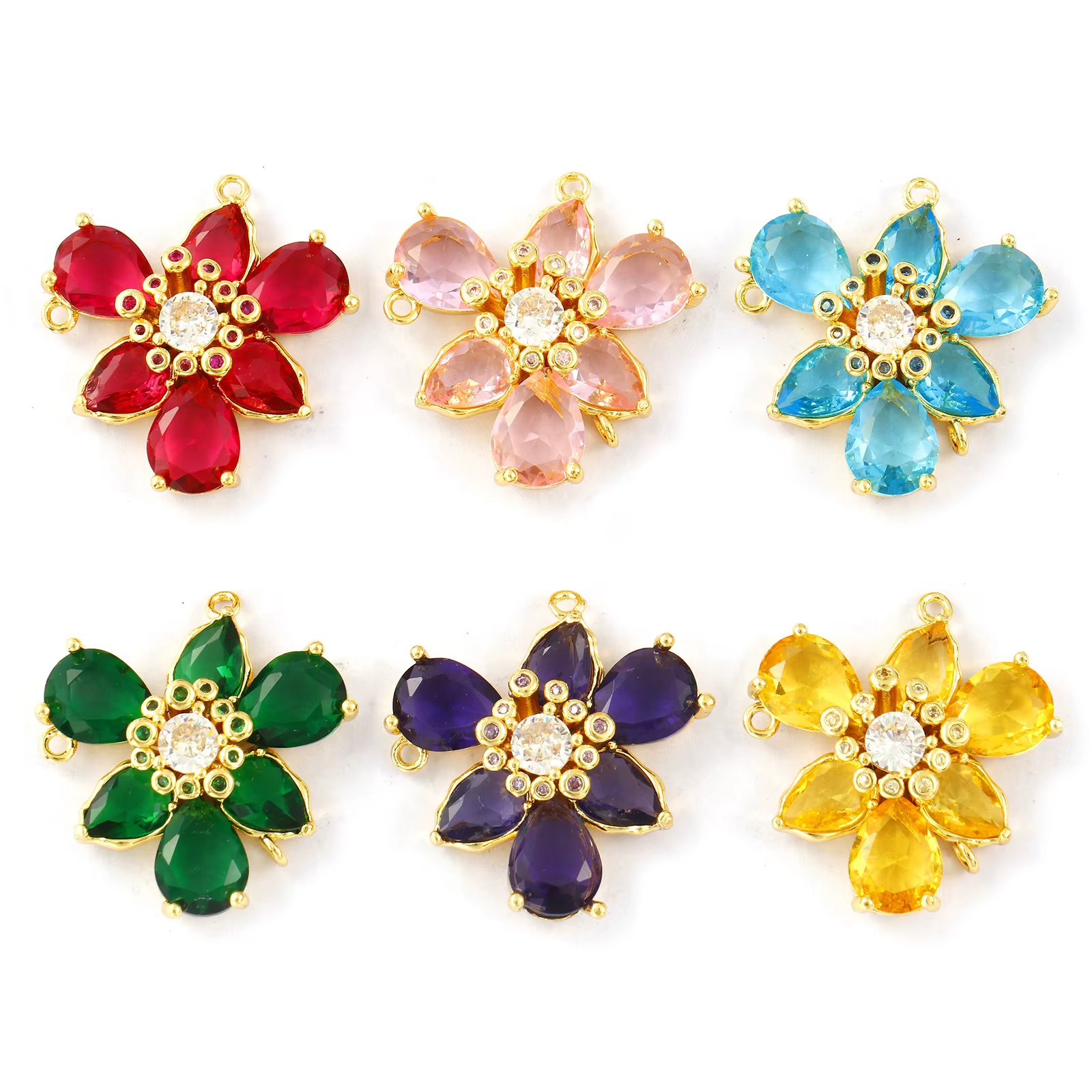 Authentic 1 Piece Brass & Glass Flower Connectors Charms Pendants 18K Gold Plated Clear Cubic Zirconia For DIY Necklace Making 23mm x 23mm