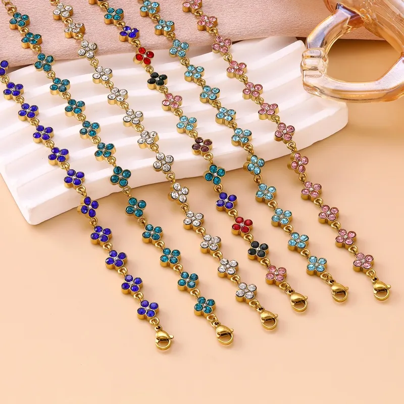 Authentic Colorful Flower Delicate Cubic Zirconia Bracelet Stainless Steel 18K Gold Plated Adjustable Bracelet Minimalist Charm Jewelry Gi