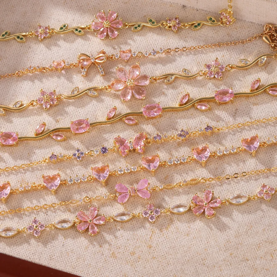 Authentic Waterproof 18K Gold Plated Pink Bowknot Flower Bracelets for Women Charms Bracelet Bangles, Bow Tie Charm Girl's Jewelry
