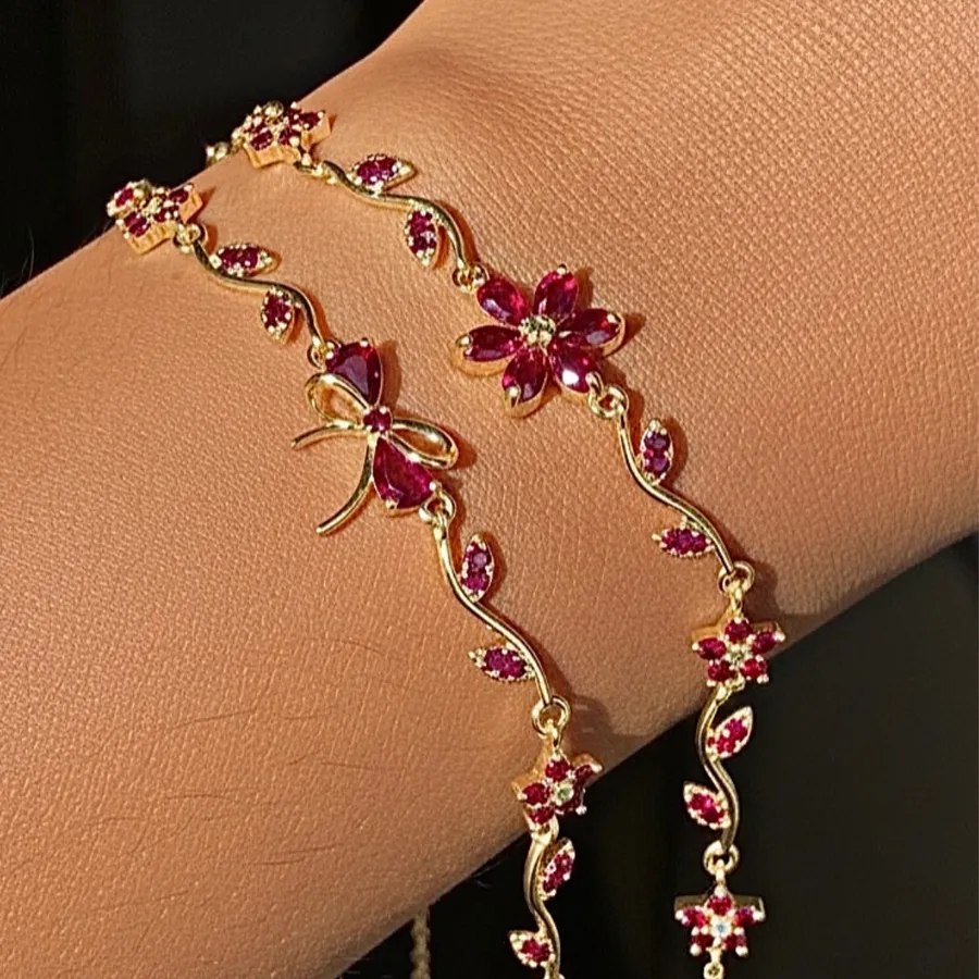 Authentic New Color Rose Red Bowknot Flower Bracelets for Women Luxury 18K Gold Plated Wedding Bracelets Bow Tie Charm Girl's Jewelry