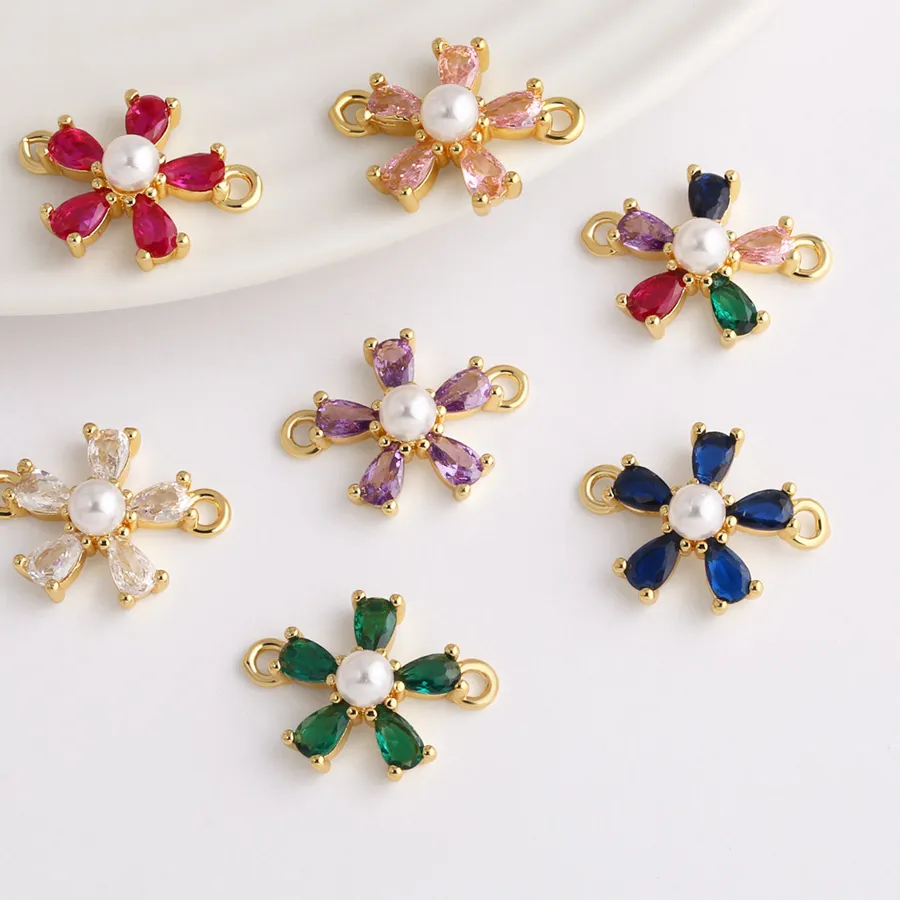Authentic OCESRIO Faux Pearl Multicolor Crystal Flower Charm for Bracelet Copper Gold Plated Handmade DIY Keychain Jewelry Making chma533