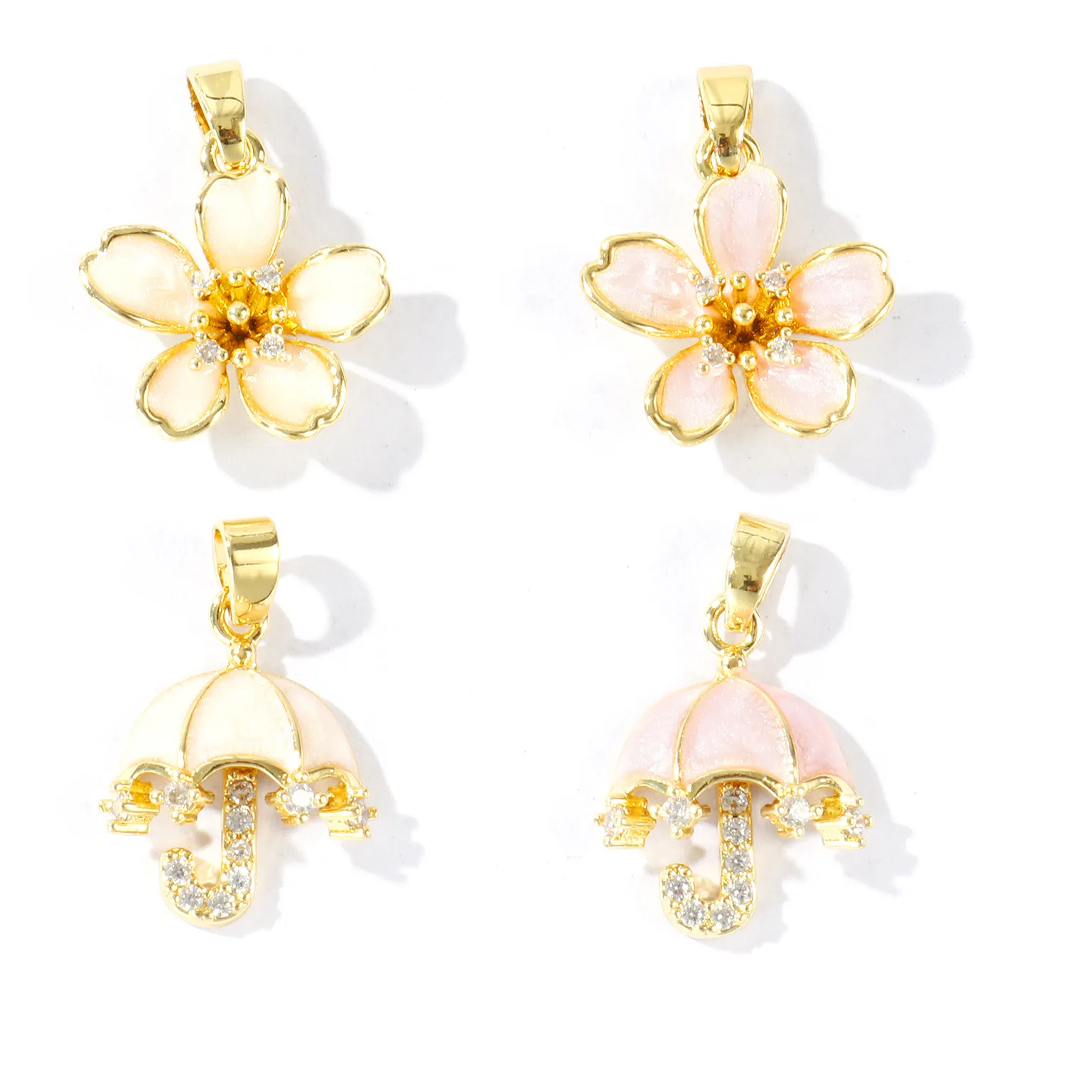 Authentic 2 pcs 18k Gold Plated CharmsTransparent Zircon Pearl Umbrella Flower Melon Seed Buckle Brass Pendant For DIY Necklace Making