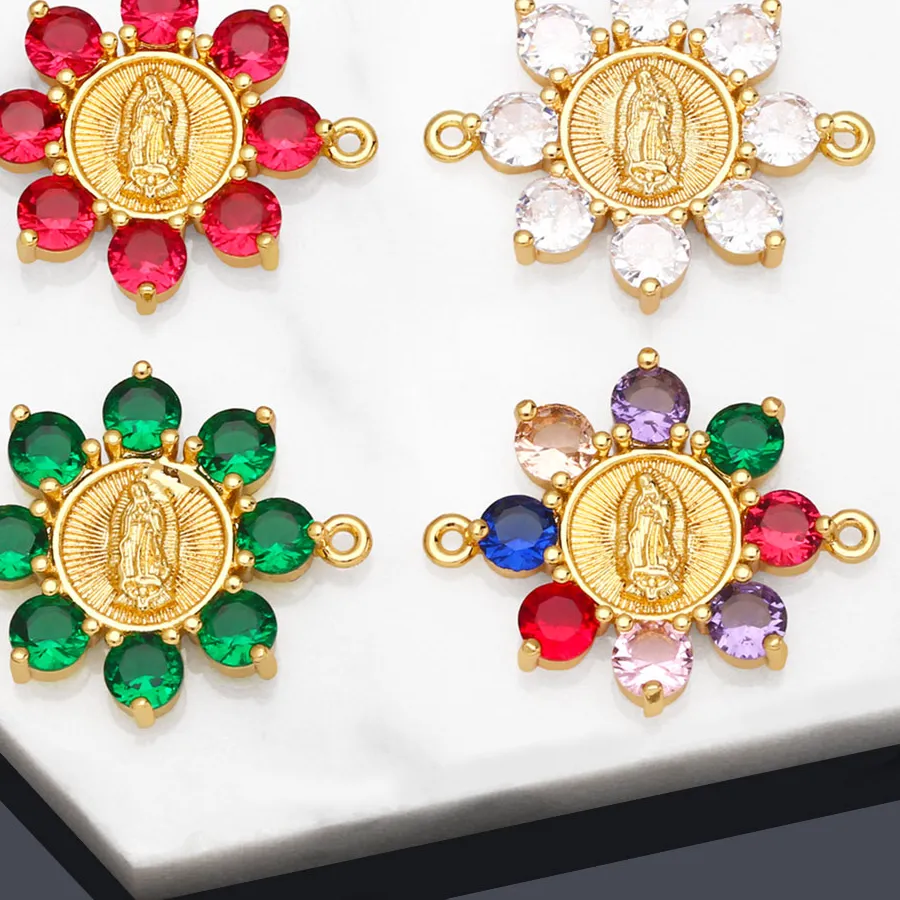 Authentic OCESRIO CZ Flower Virgin Mary Charms for Bracelete Making Copper Gold Plated Jewellery Crafts Wholesale niña virgenes chma173