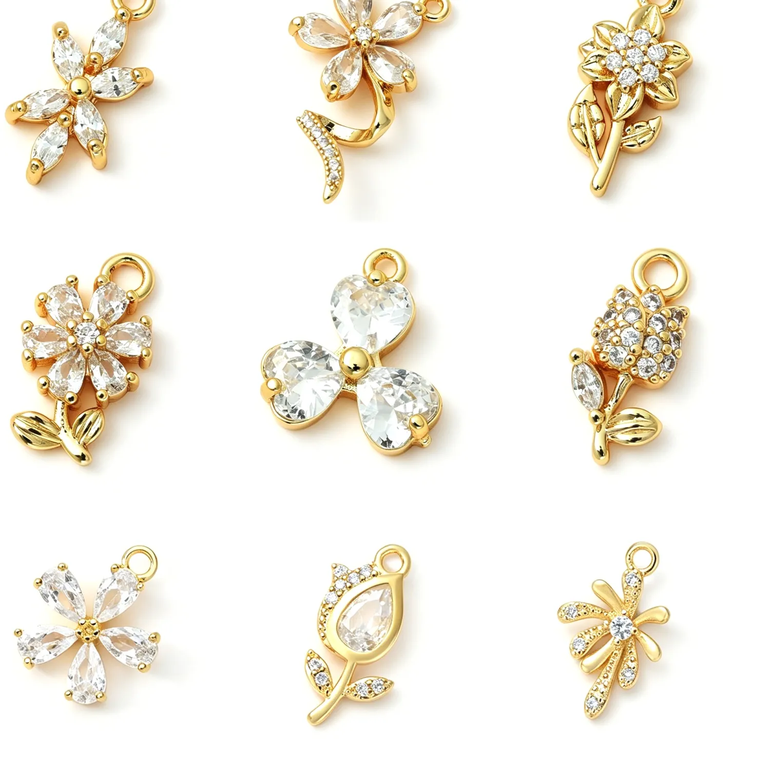 Authentic 5pcs Exquisite Charms 18K Gold Plated Flower Clear Cubic Zirconia Pendants DIY Necklace Earring For Women Jewelry Findings