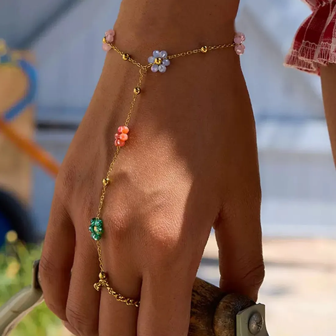 Authentic Waterproof Stainless Steel Women's Summer Trend Colorful Crystal Flower Finger Bracelet 18K Gold-plated Jewelry for Party