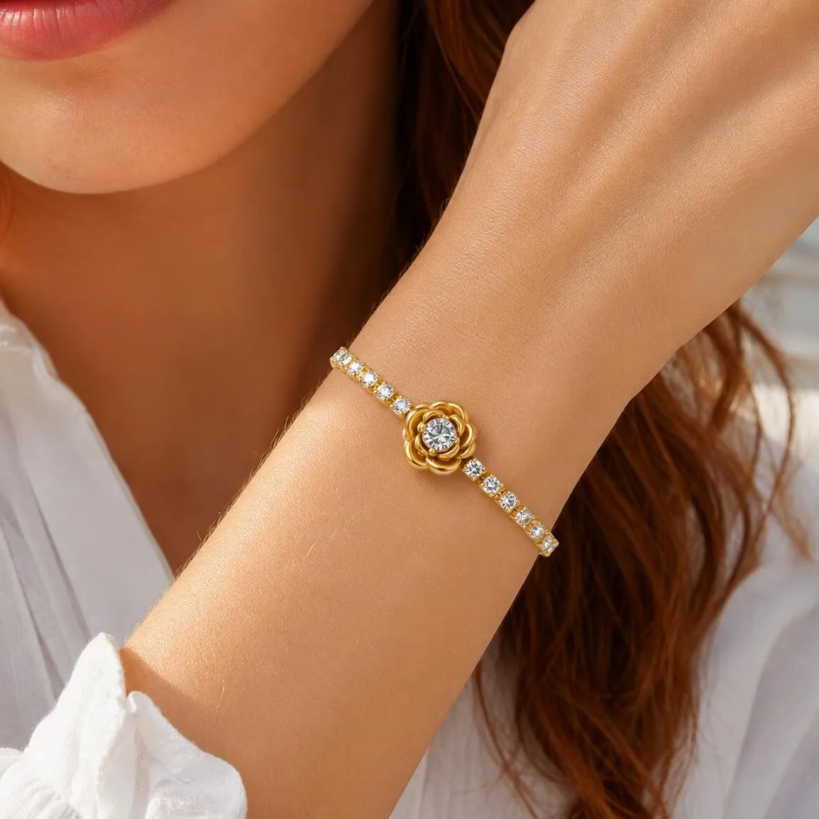 Authentic Stainless Steel Tennis Bracelet, 18K Gold Plated Tarnish-Free Bowknot Rose Flower CZ Charm, Waterproof Adjustable  Wrist Jewelry