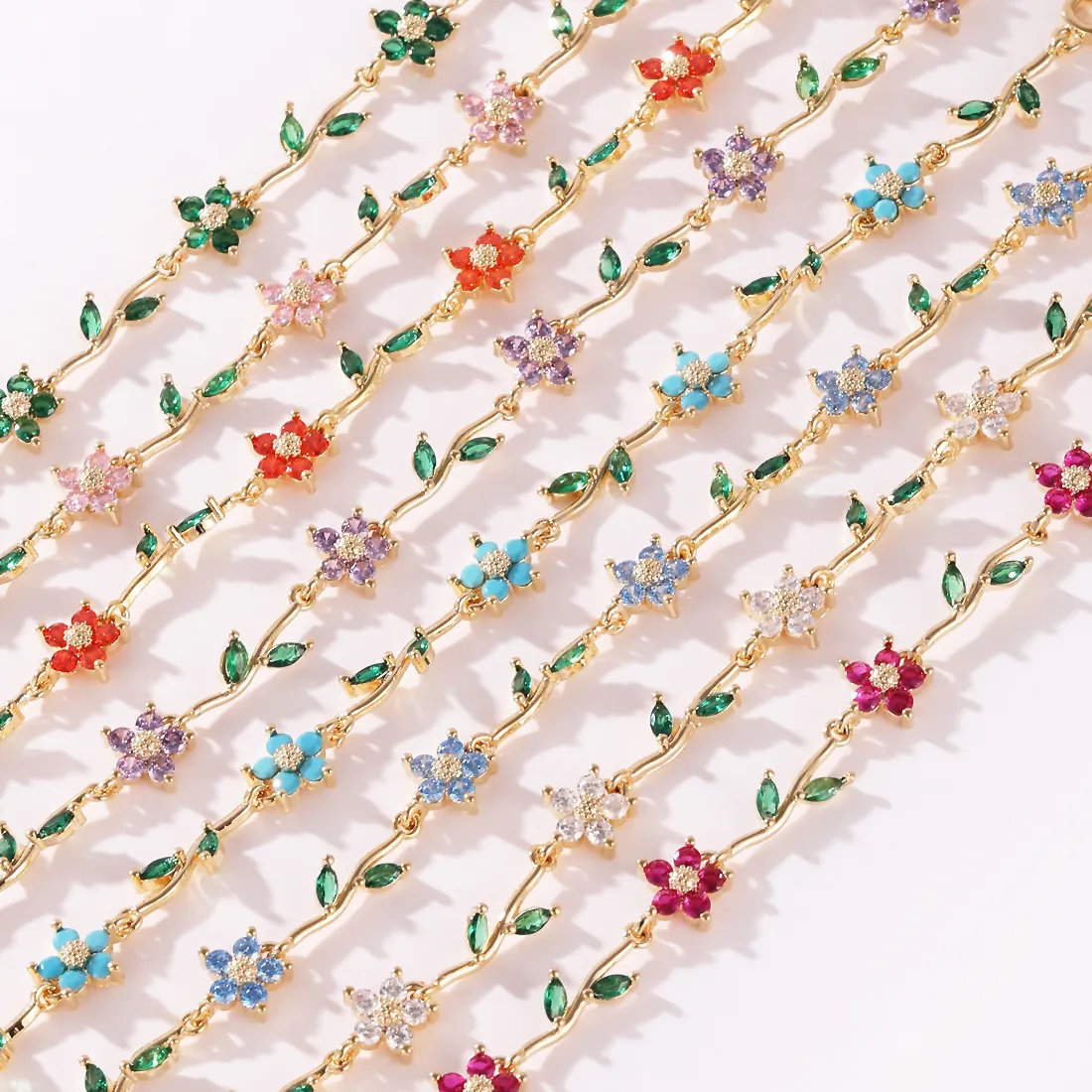 Authentic Luxury Multicolor Gemstone Flower Bracelet Gold Plated Leaf Vine Chain Bracelet Bangles Romantic Wedding Party Jewelry for Women