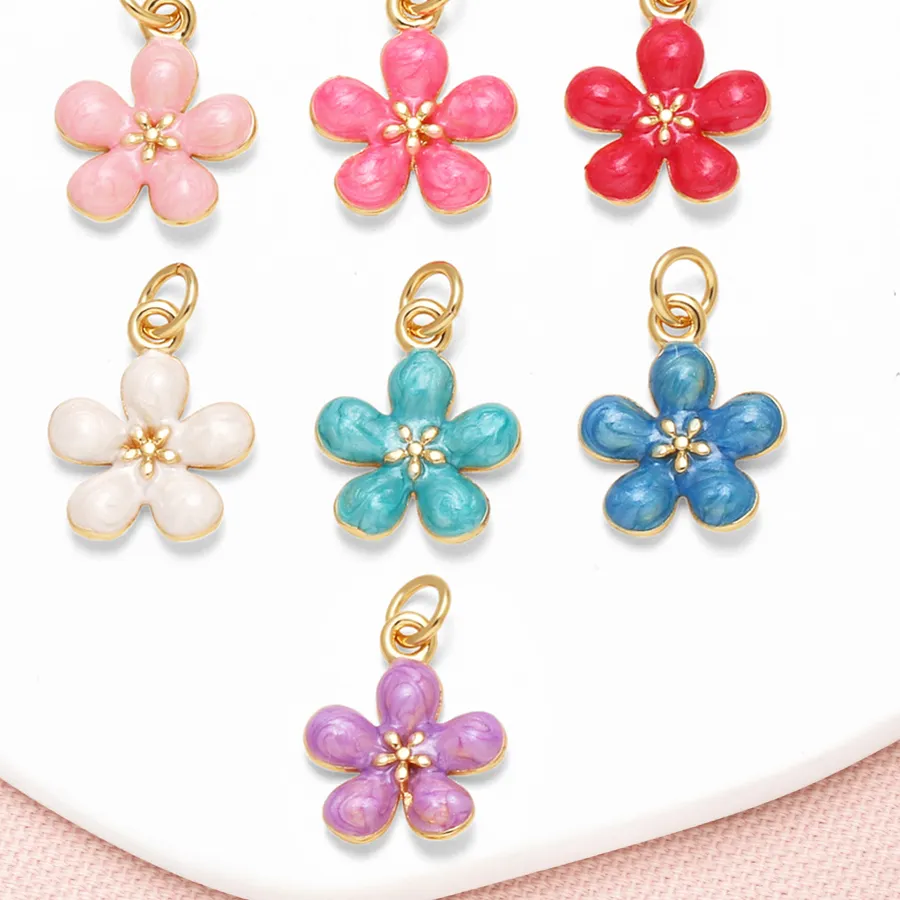 Authentic OCESRIO Multicolor Enamel Oil Painting Flower Charms for Bracelet Copper Gold Plated Handmade Keychain Purse Charm chma450
