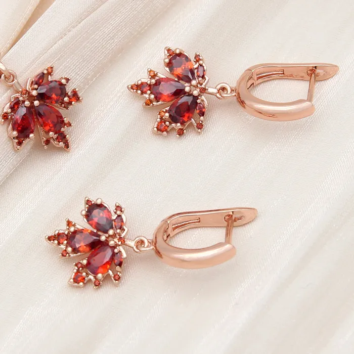 Authentic S&Z DESIGN New Fashion 585 Rose Gold Color Red Maple Leaf Zirconia Dangle Earrings Jewelry Sets For Women Wedding Necklace