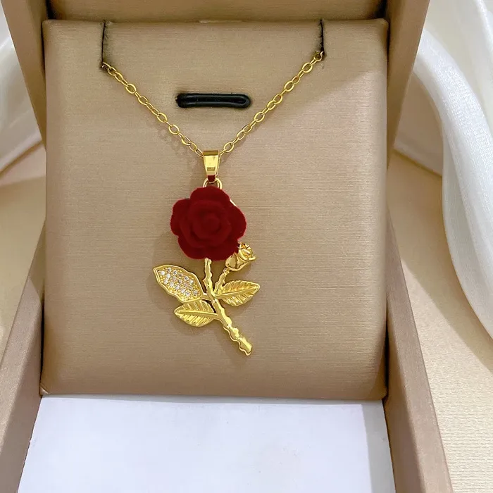Authentic Gold Plated Red Velvet Rose Pendant Necklace with Crystal Accents, Romantic Floral Jewelry for Women, Elegant Dainty Chain Necklace, Ideal for Daily Wear, Weddings, Valentine's Day, and as a Meaningful Gift