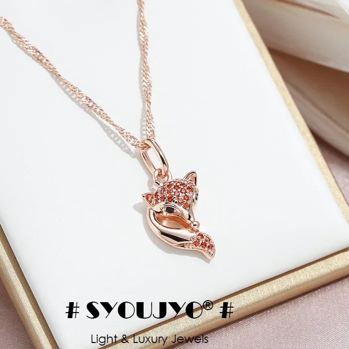 Authentic SYOUJYO Red Natural Zircon Fox Pendant Necklace For Women 585 Rose Gold Color Animal-shaped Fine Jewelry
