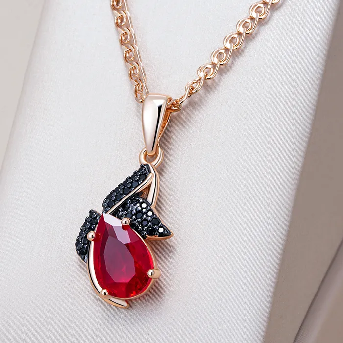 Authentic Kinel Hot Shiny Red Natural Zircon Pendant Necklace Women 585 Rose Gold and Black Plating High Quality Daily Fine Retro Jewelry
