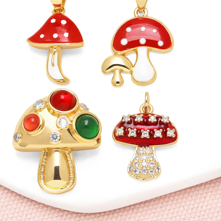 Authentic OCESRIO Red Enamel Mushroom Pendant for Necklace Copper Gold Plated White Crystal Mushroom Jewelry Making Supplies pdta675