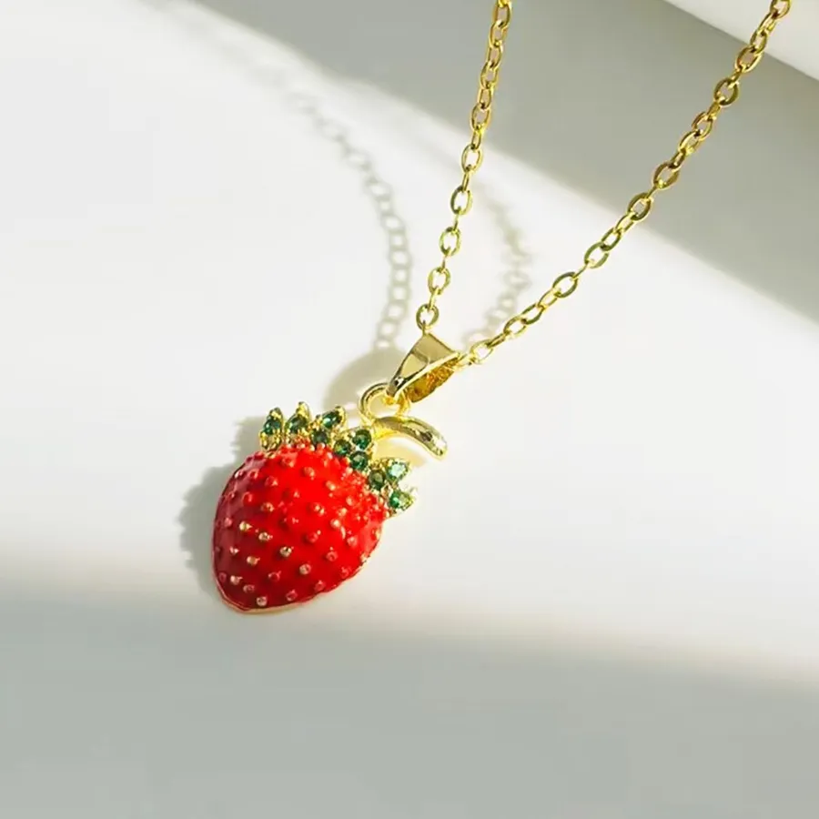 Authentic Cute Sweet Gold Color Stainless Steel Red Strawberry Crystal Pendant Necklace for Women Charm Trendy Collar Jewelry Colorfast