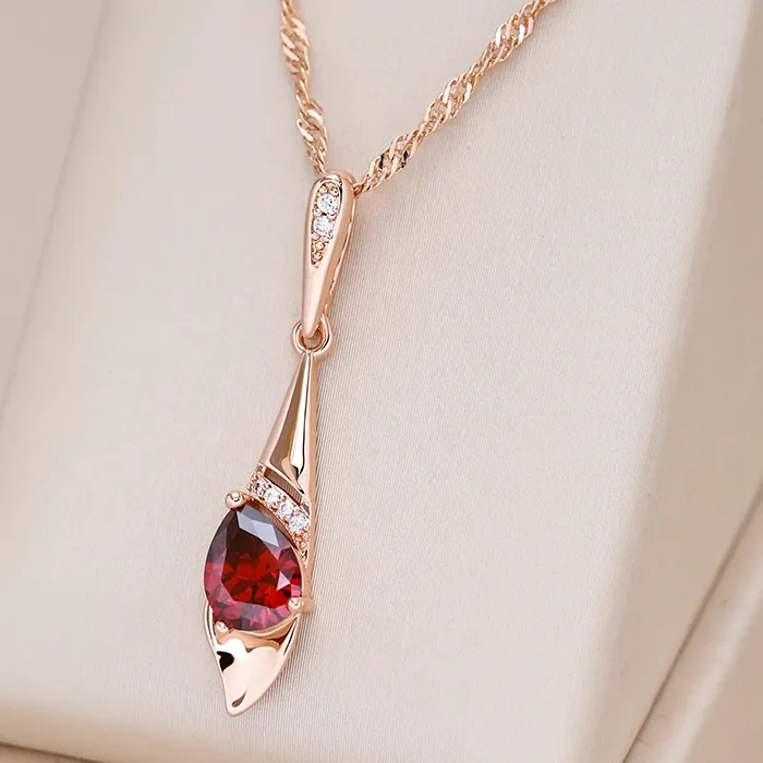 Authentic Kinel New 585 Rose Gold Color Long Pendant Necklace For Women Red Natural Zircon Bride Vintage Wedding Jewelry Daily Wear Gift