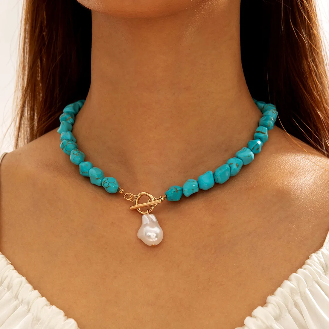 Authentic Irregular natural turquoise shaped pearl pendant necklace, handmade personalized necklace for women