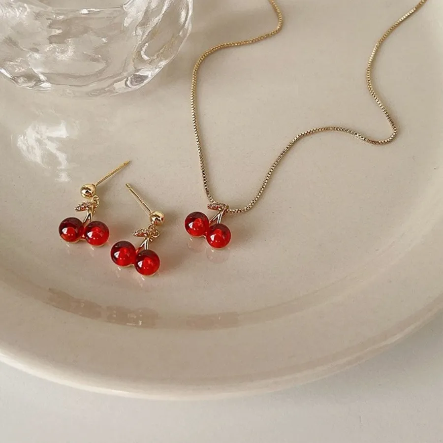 Authentic Sweet Red Cherry Pendant Necklace Dangle Stud Earrings Jewelry Set Shiny Gold Chain Zircon Women Trendy Jewelry