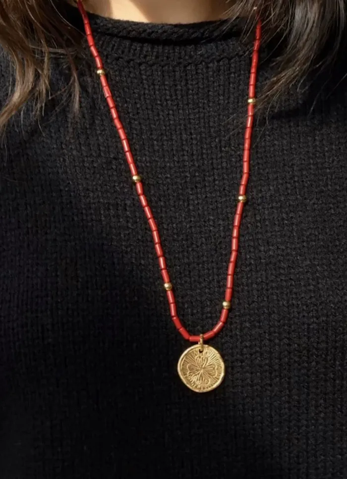 Authentic Lucky leaf flower sand coin long necklaces for women red stone beaded winter sweater necklace elegant jewelry