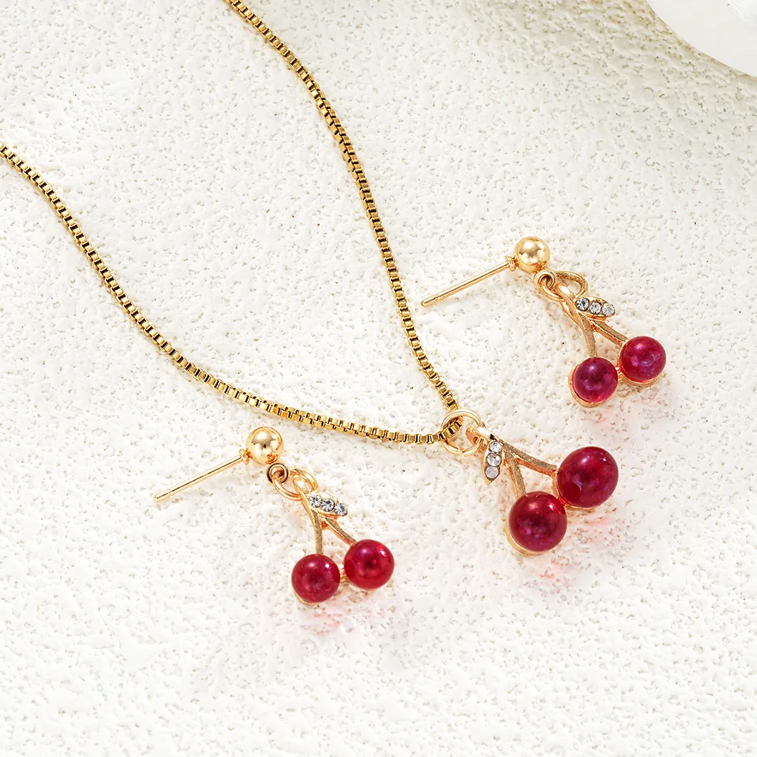 Authentic 3PCS Red Cherry Pendant Stainless Steel Necklace Earrings for Women Fashion Gold Color Box Chain Necklaces Earrings Sets Jewelry