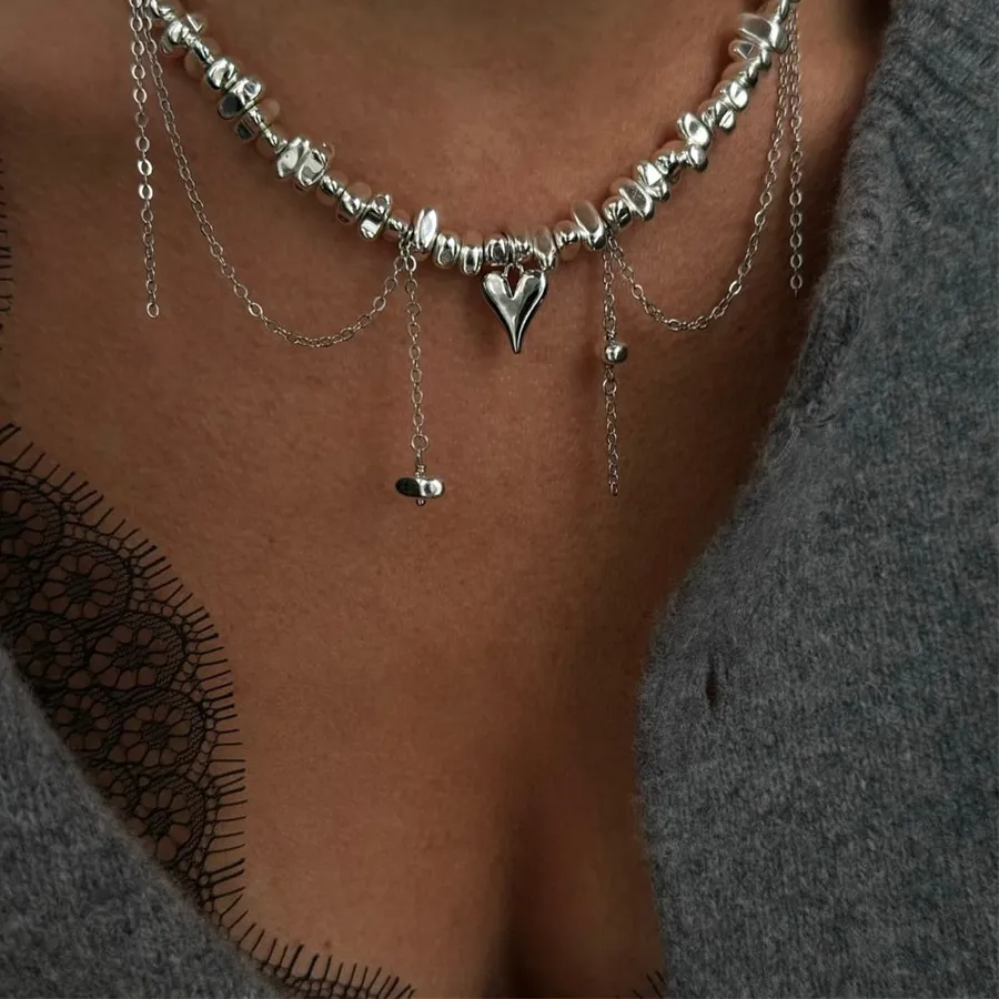 Authentic Bohemian Heart Pendant Silver Geometric Beaded Chain With Sacred Tassel