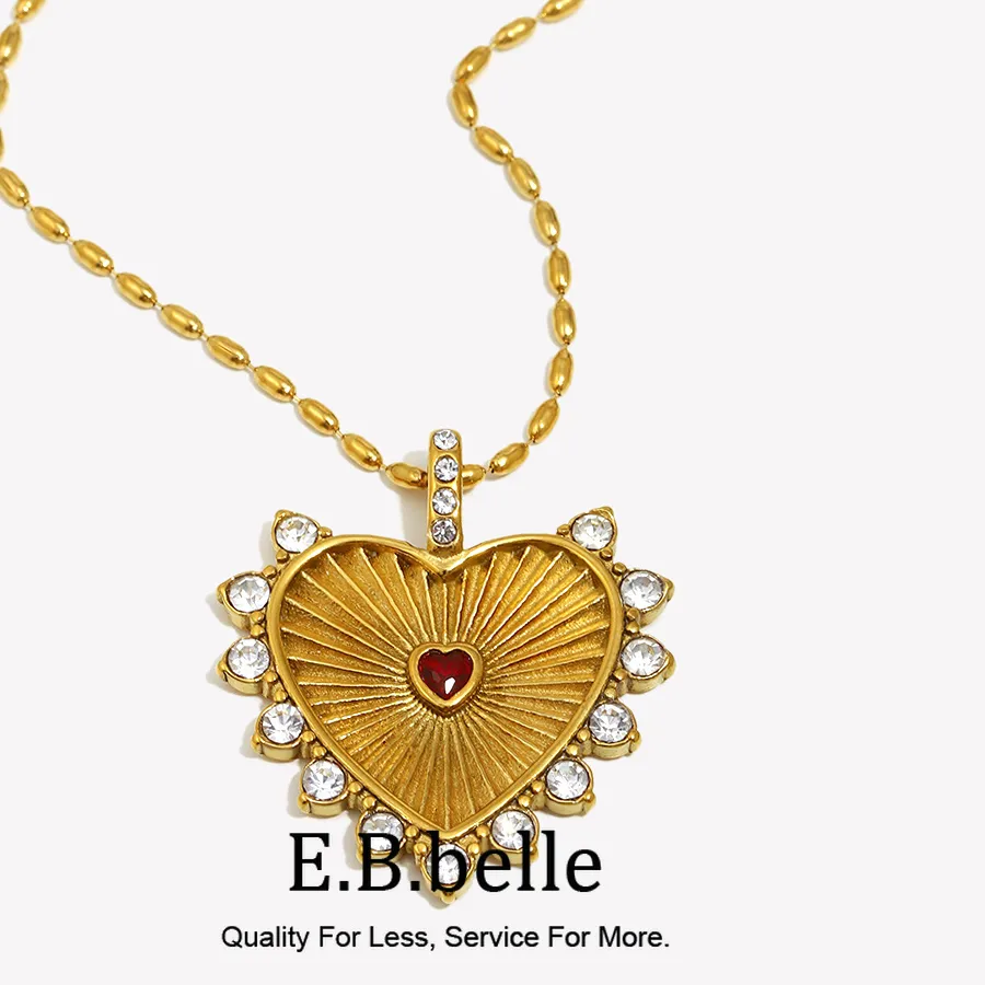 Authentic E.B.belle Cute Style Full Zircon Red Heart Pendant Charm Necklace Stainless Steel Sweet Sign Gold Plated Tarnish Free Jewelry