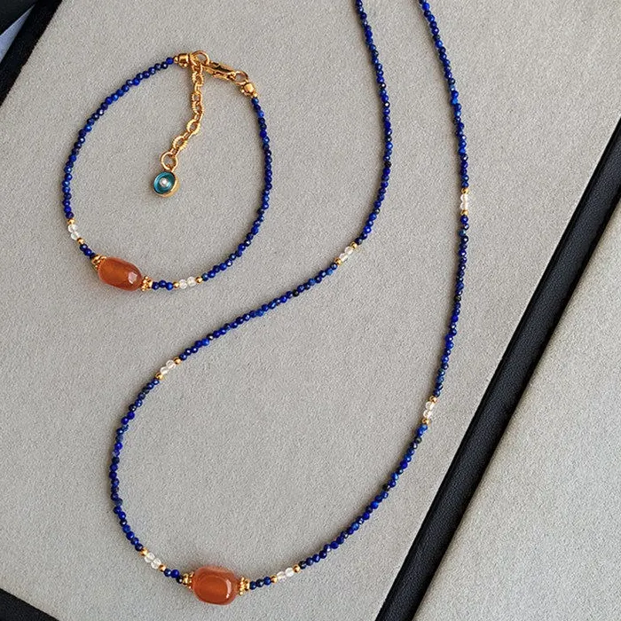 Authentic Minar Stylish Natural Stone Lapis Lazuli Red Agate Glass Beads Beaded Necklace for Women Real Gold Plated Copper Chain Chokers