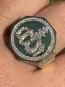 Authentic Real 14K Gold Plated 925 Silver Allah Islamic Arabic Ring Iced CZ Hip Hop Round