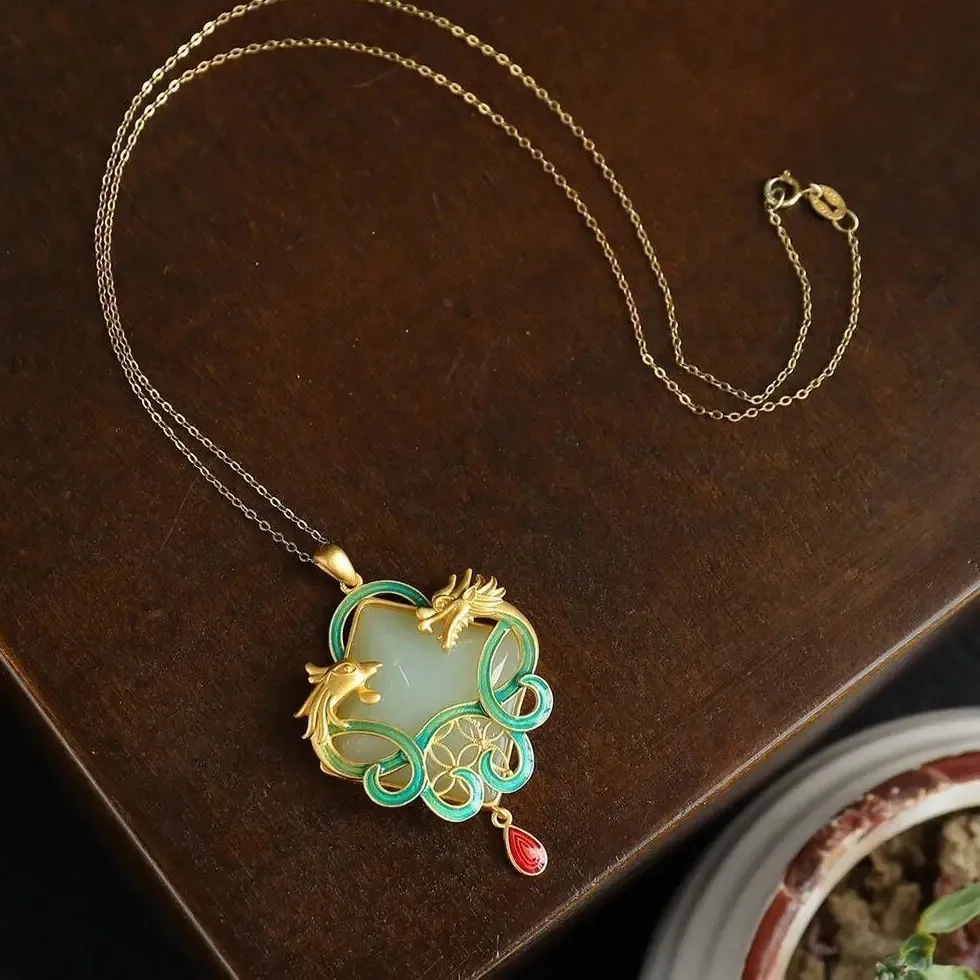 Authentic Jade Dragon Phoenix Pendant Jewelry 18K Gold Plated Necklace Natural Chalcedony