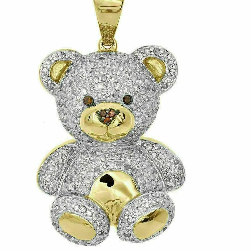Authentic 2 Ct Round Cut Lab Created Diamond Teddy Bear Pendant 14k Yellow Gold Plated